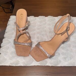 Olivia Miller Nude/Tan Rhinestone Strap Heeled Sandals